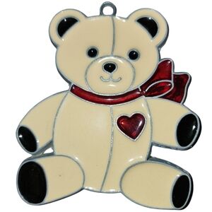 Vintage Handmade Stained Glass Teddy Bear Red Bow & Heart Suncatcher Ornament